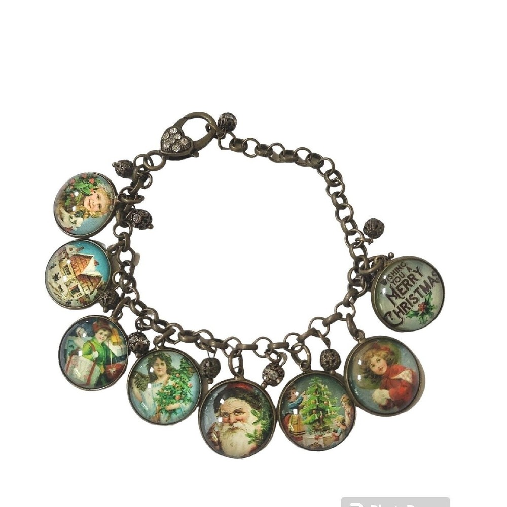 Vintage Wishing You Merry Christmas Art Picture Glass Dome Charm Bracelet